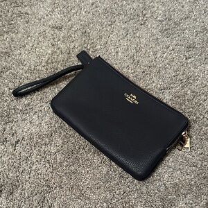 Coach Black Pebbled Leather Wristlet with Gold Logo